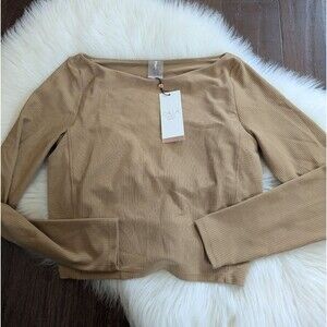 NWT NEW CALIA UPF 50+ Rib Boat Neck Long Sleeve Top Tan Brown M Medium